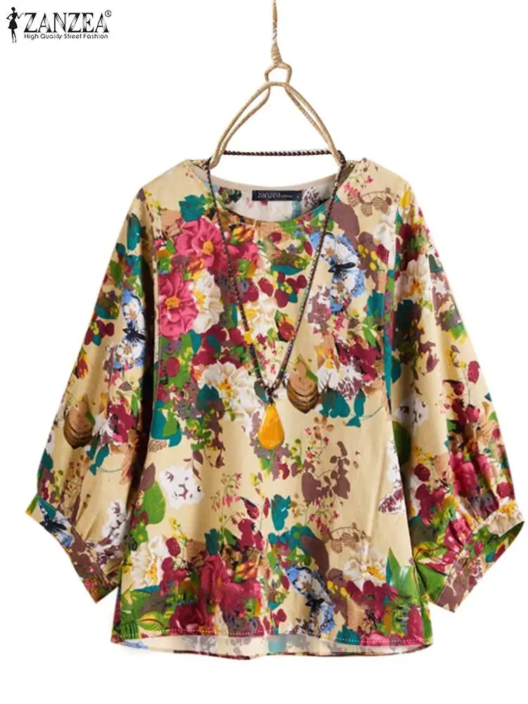Блузка ZANZEA женская с цветочным принтом повседневная свободная туника рукавом 2024