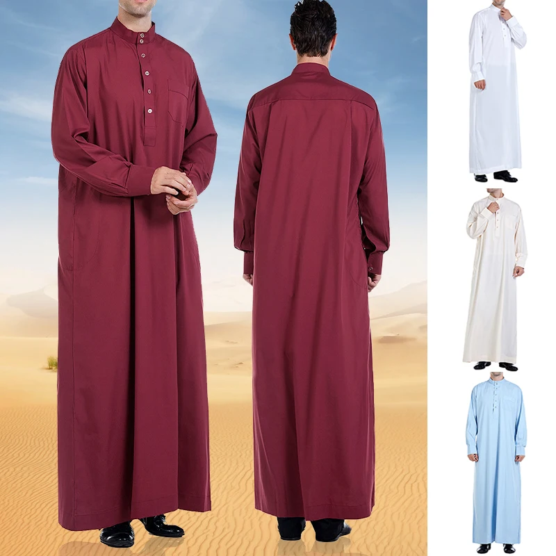 Men Muslim Dress Saudi Style Long Robe Islamic Kaftan Abaya Arab Dubai Clothes Long Sleeve Aman Abaya  Prayer Robe Saudi Wear