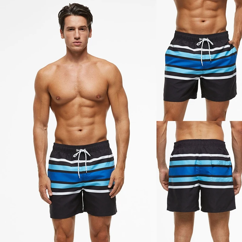 

Hot Kf-Men's Swim Trunks With Pockets Quick-Drying Striped Shorts Blue