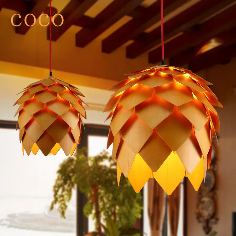 

Japandi Style Wood Pendant Lighting Scandinavian Pine Cone Hanging Lamps Loft Living Room Restaurant Bar Art Light Fixture