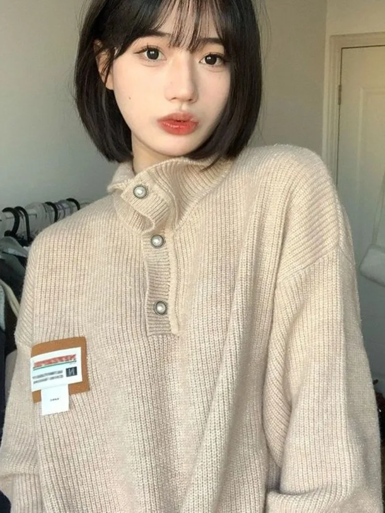 

Модные Повседневные вязаные пуловеры HOUZHOU в американском стиле ретро, винтажная уличная одежда, однотонный минималистичный плотный свитер в стиле преппи, 2023