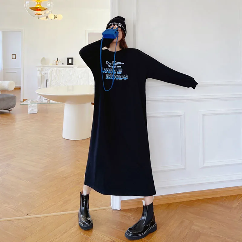 

2023 Autumn Winter Korea Hoodies Woman Dress Vestidos Loose Cotton Letter Print Long Sleeve Maxi Long Sweatshirt Dresses Women