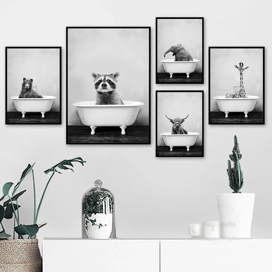 

Black and White African Animal Elephant Bathing Canvas Painting Posters Print Wall Art Picture for Bathroom Home Decor Cuadros