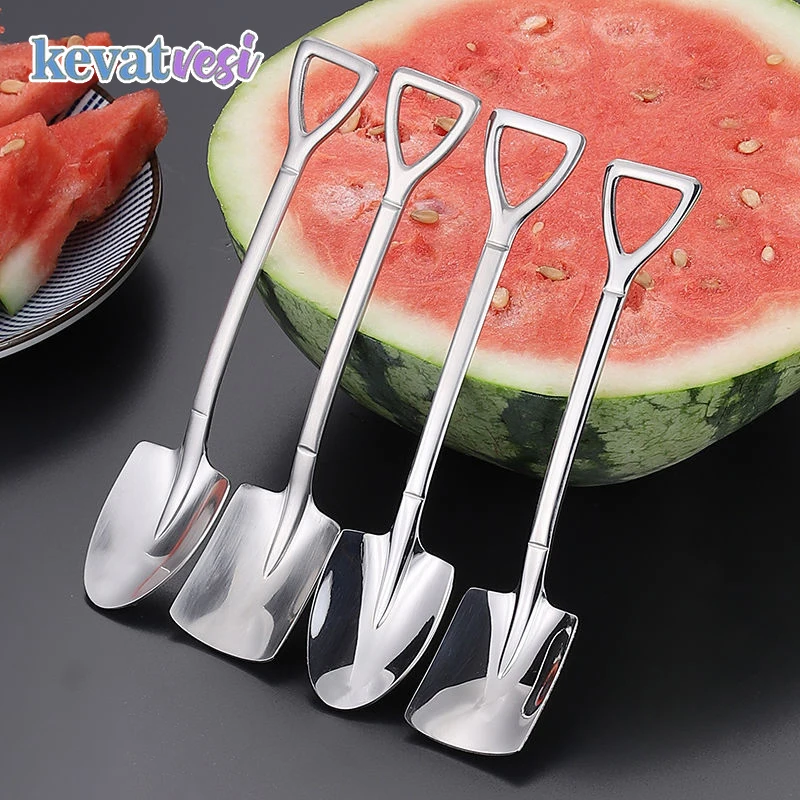 

2/4Pcs Shovel Spoon Stainless Steel Coffee Tea Spoon Creative Shovel Scoop for Ice Cream Dessert Watermelon Kitchen Tableware