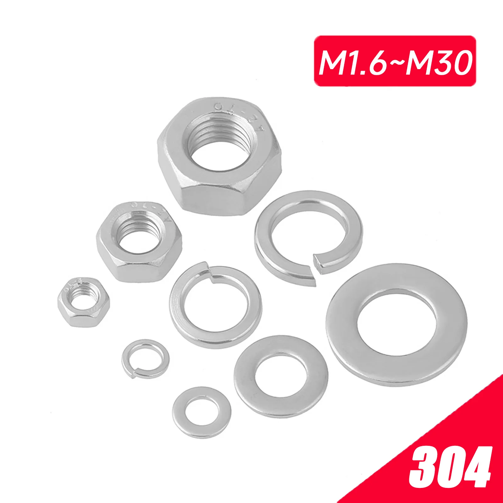 

M1.6 M2 M2.5 M3 M4 M5 M6 M8 M10 M12 M14 M16 M18 - M30 A2 304 Stainless Steel Hex Hexagon Nut Flat Gasket Spring Washer Assembly