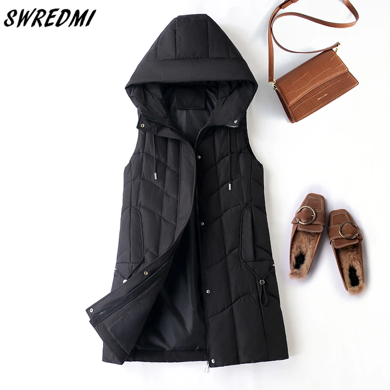

New Fashion Gilet Women Long Waistcoat Autumn Winter Warm Jacket Female Sleeveless Cotton Vests Laides Cotton Coat SWREDMI