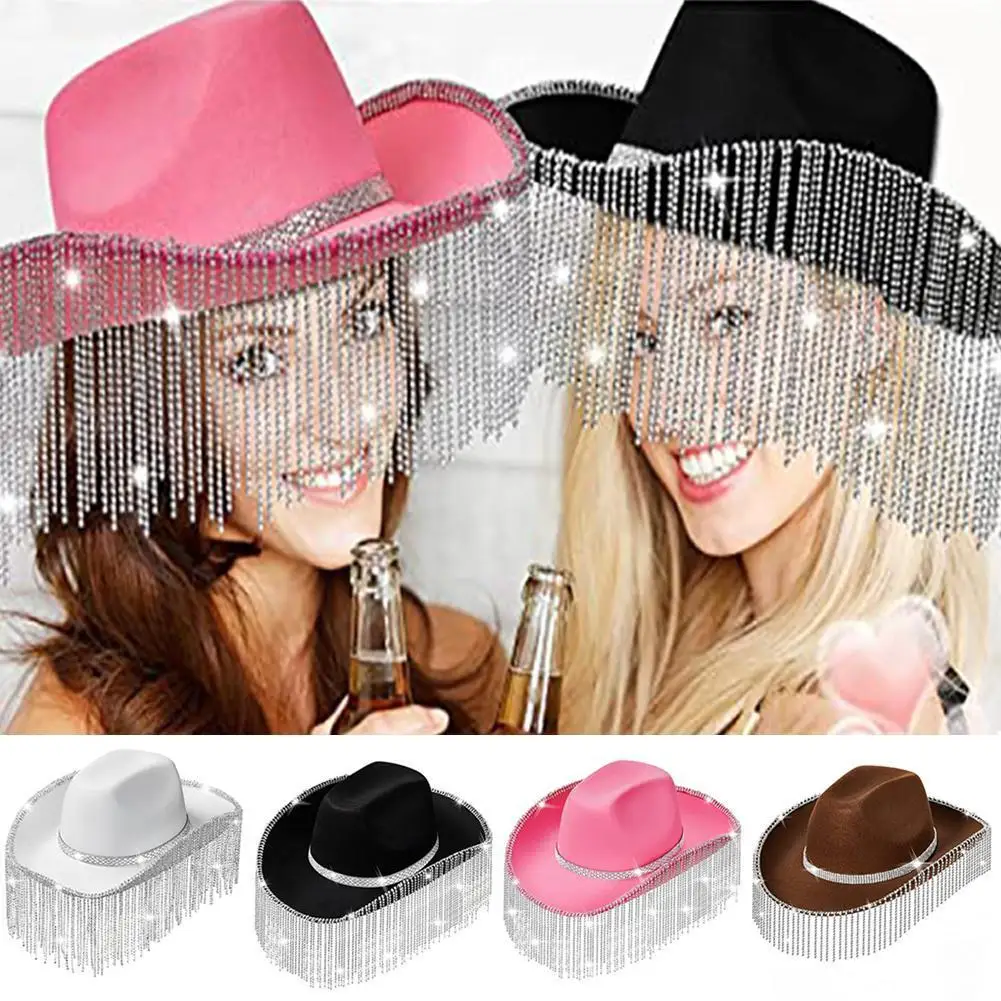 Rhinestone Fringe Cowgirl Hat Bling Diamond Fringe Cowboy Hat Western Hat Glitter Cowboy Hat For Women Disco Rave Party Cos J8M1