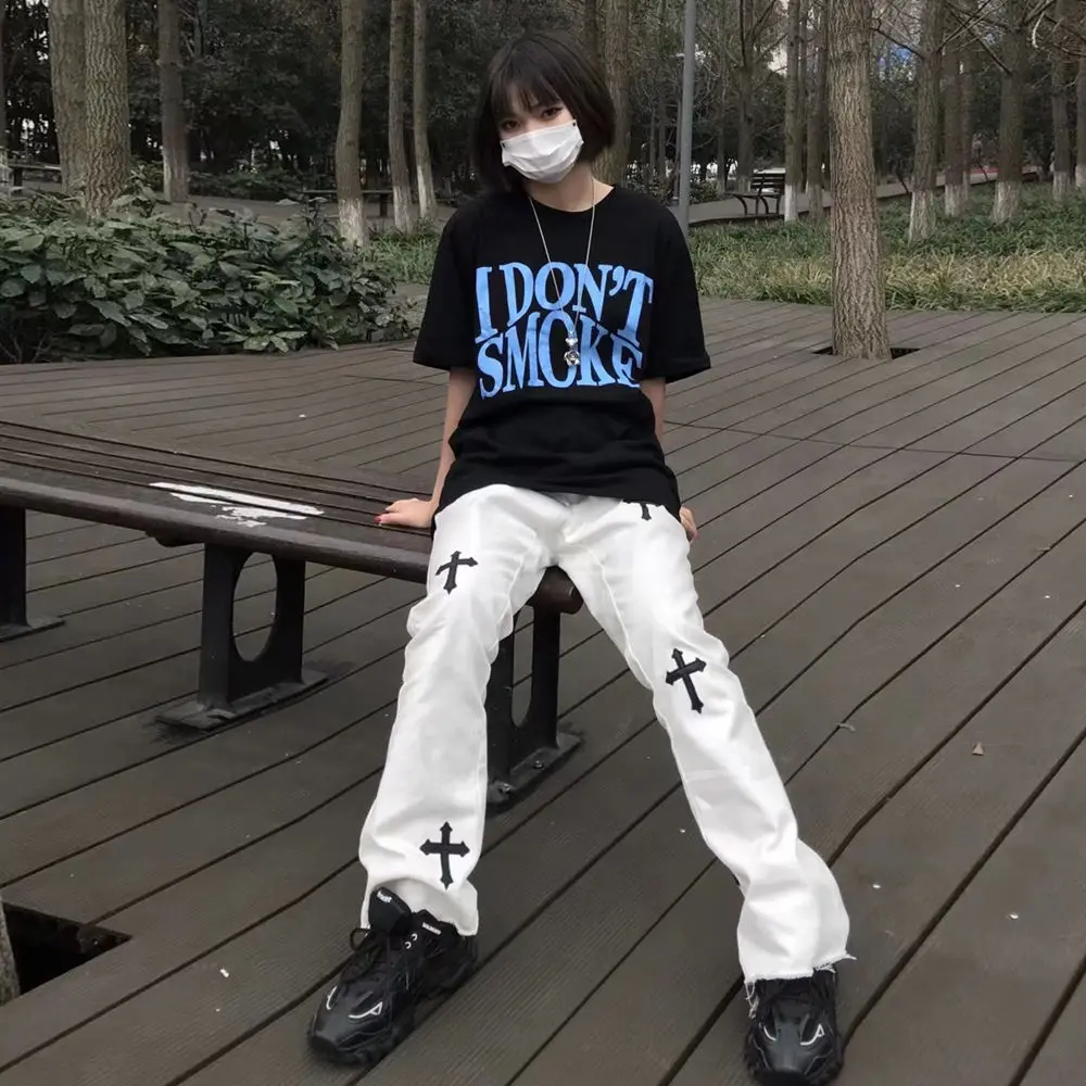 

Прямые свободные черные и белые спортивные брюки большого размера, повседневные мужские и женские уличные кожаные брюки с перекрестной выш...