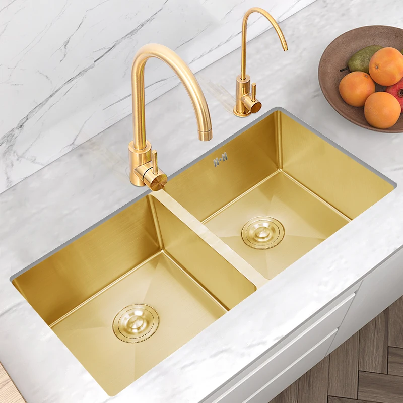 85x45 cm brushed gold kitchen sink under counter vegetable wash basin 304 stainless steel double bowl of the same size | Обустройство