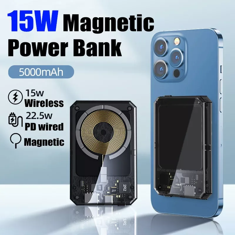 

5000mAh Power Bank 15W Wireless Fast Charging External Battery For Iphone 12 13Pro Mini Portable Powerbank For Huawei