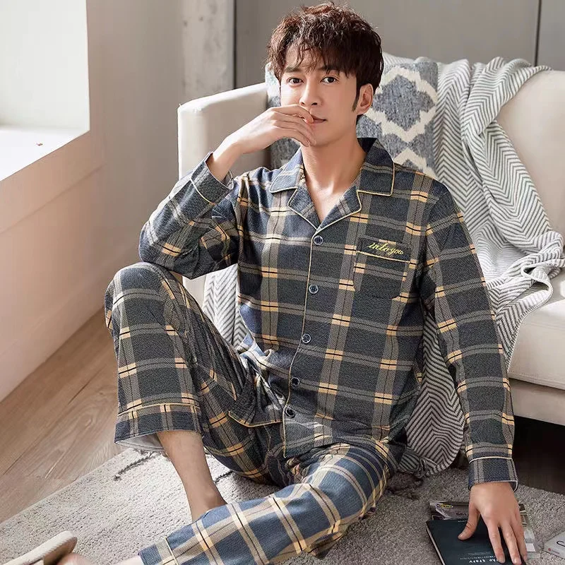 100% Cotton Pajamas Set For Men Spring/Autumn Plus Size Long-Sleeved Trousers Sleepwear 2 Piece Set Home Clothes Homewear