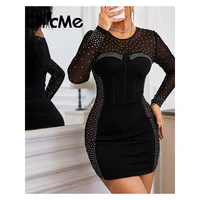 chicme long sleeve rhinestone sheer mesh mini bodycon dress sexy see through night out party dress