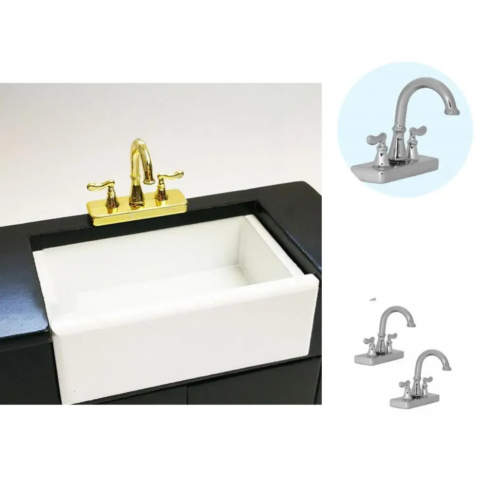 

Dollhouse Faucet Realistic Plastic Novelty Dollhouse Double Head Faucet Mini Water-tap for Toilet Accessories Decoration