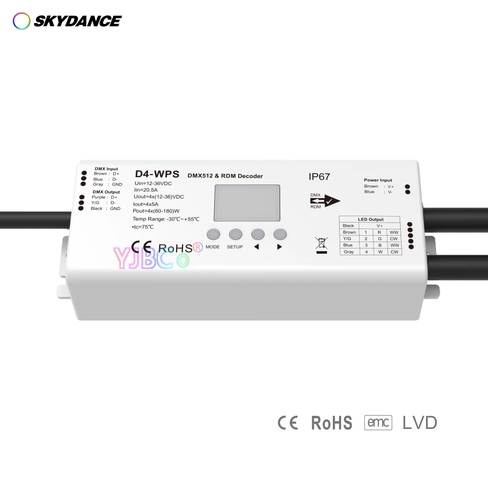 

Skydance RDM Waterproof 4 Channel Constant Voltage DMX 512 Decoder 12V-36V 24V 4CH*5A/CH DMX dimmer RGBW LED strip controller