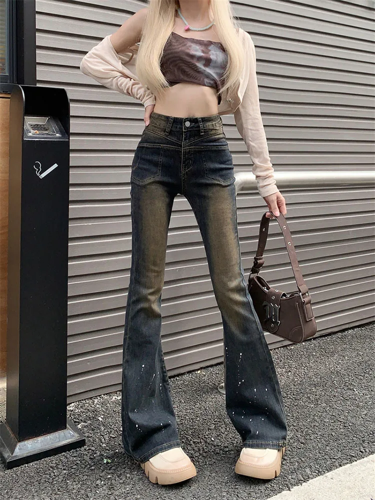 

Женские готические синие расклешенные джинсы Harajuku уличная одежда винтажные джинсы с высокой талией широкие прямые мешковатые джинсовые брюки Y2K