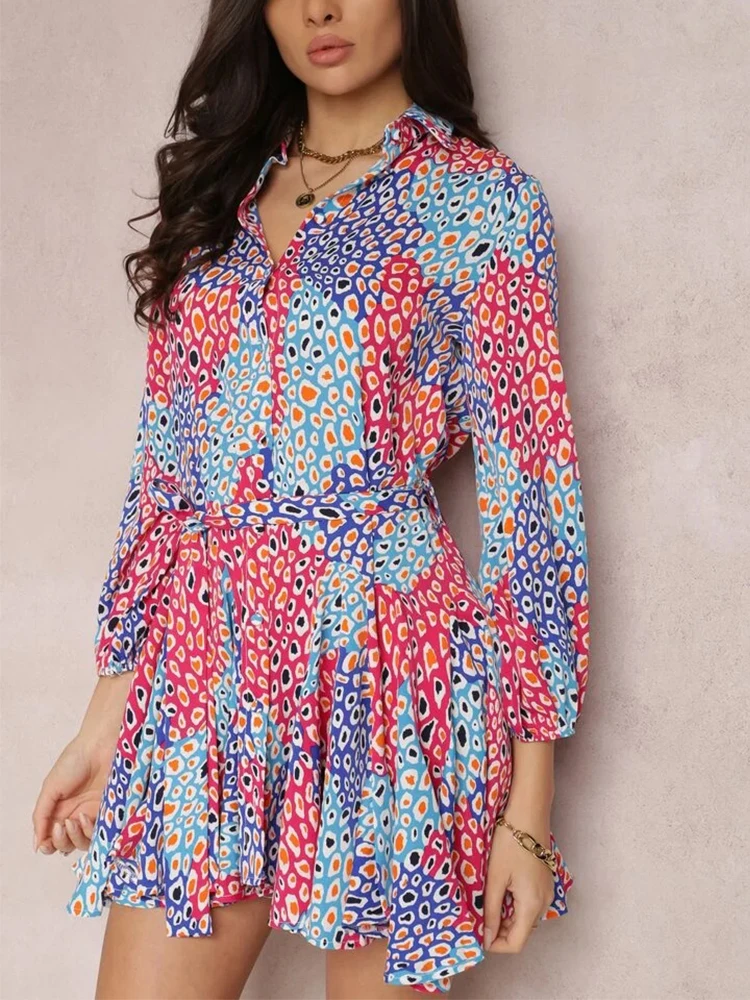 

Женское платье-рубашка с леопардовым принтом, разноцветное офисное платье с поясом и отложным воротником, праздвечерние чное мини-платье с ...