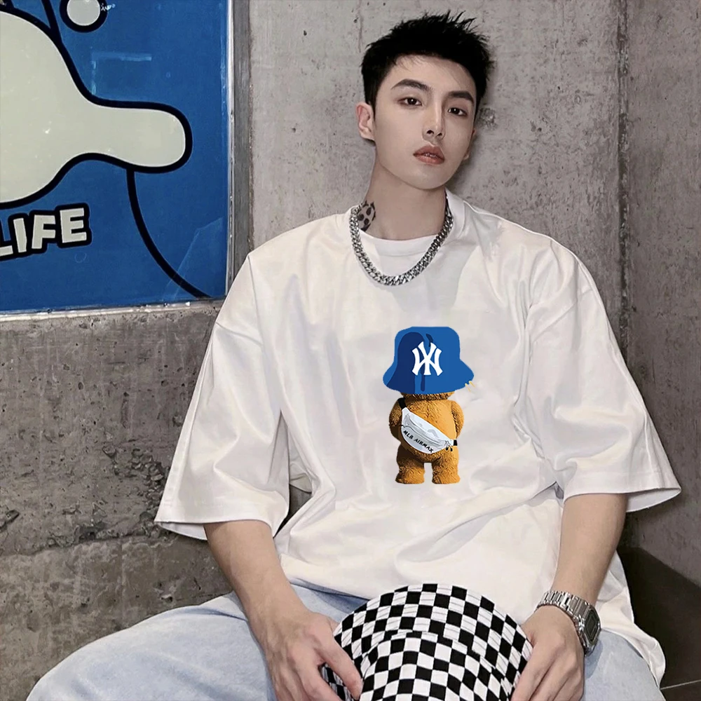 

Sporty T shirt Men Hip Hop Korea Bear Print Cotton T Shirt Streetwear Tee Harajuku Oversized Short Sleeve T-Shirt Women Tops