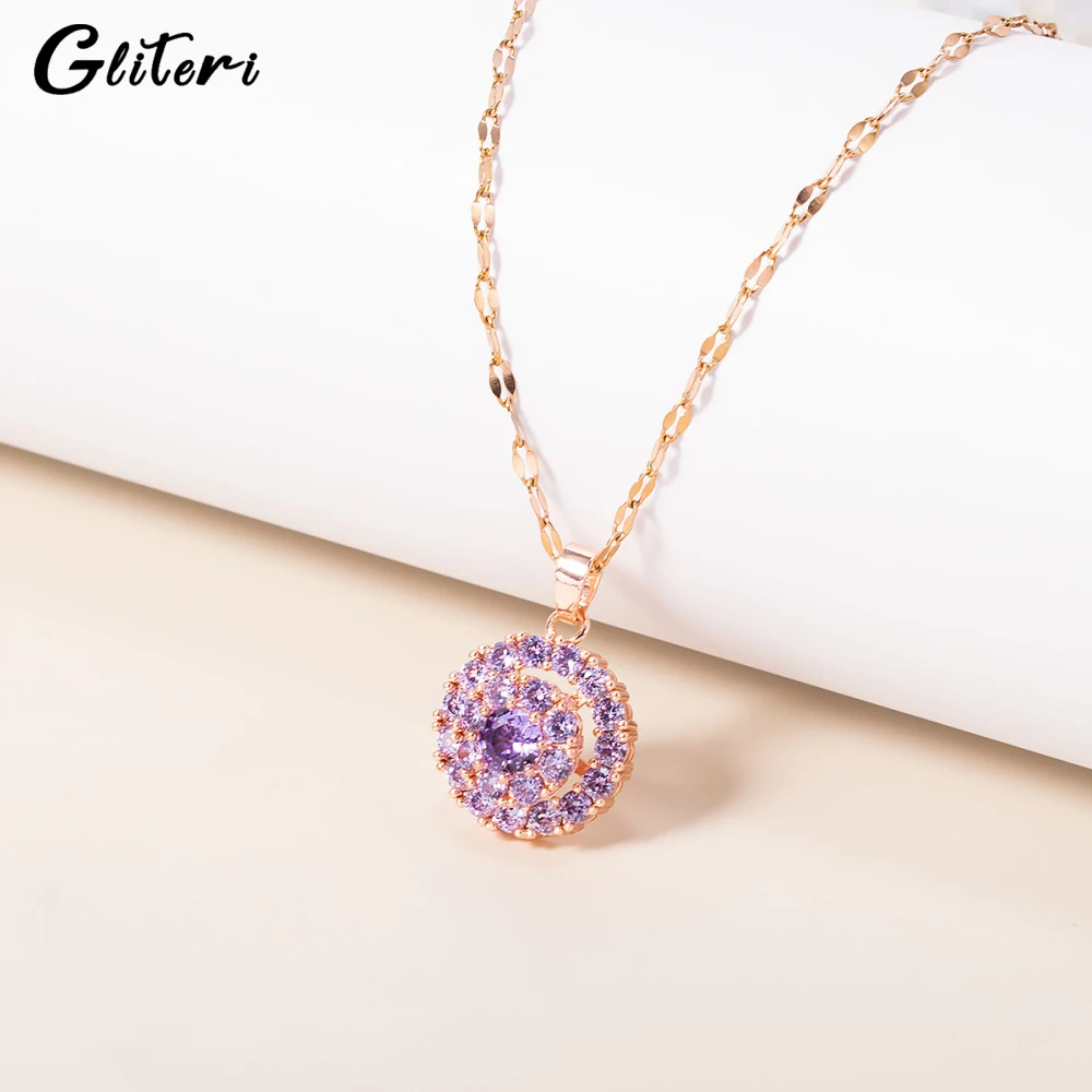 GEITERI 2023 Fashion Purple Crystal Pendant Necklaces For Women Girls Gold Color Titanium Steel Rotatable Zircon Choker Jewelry
