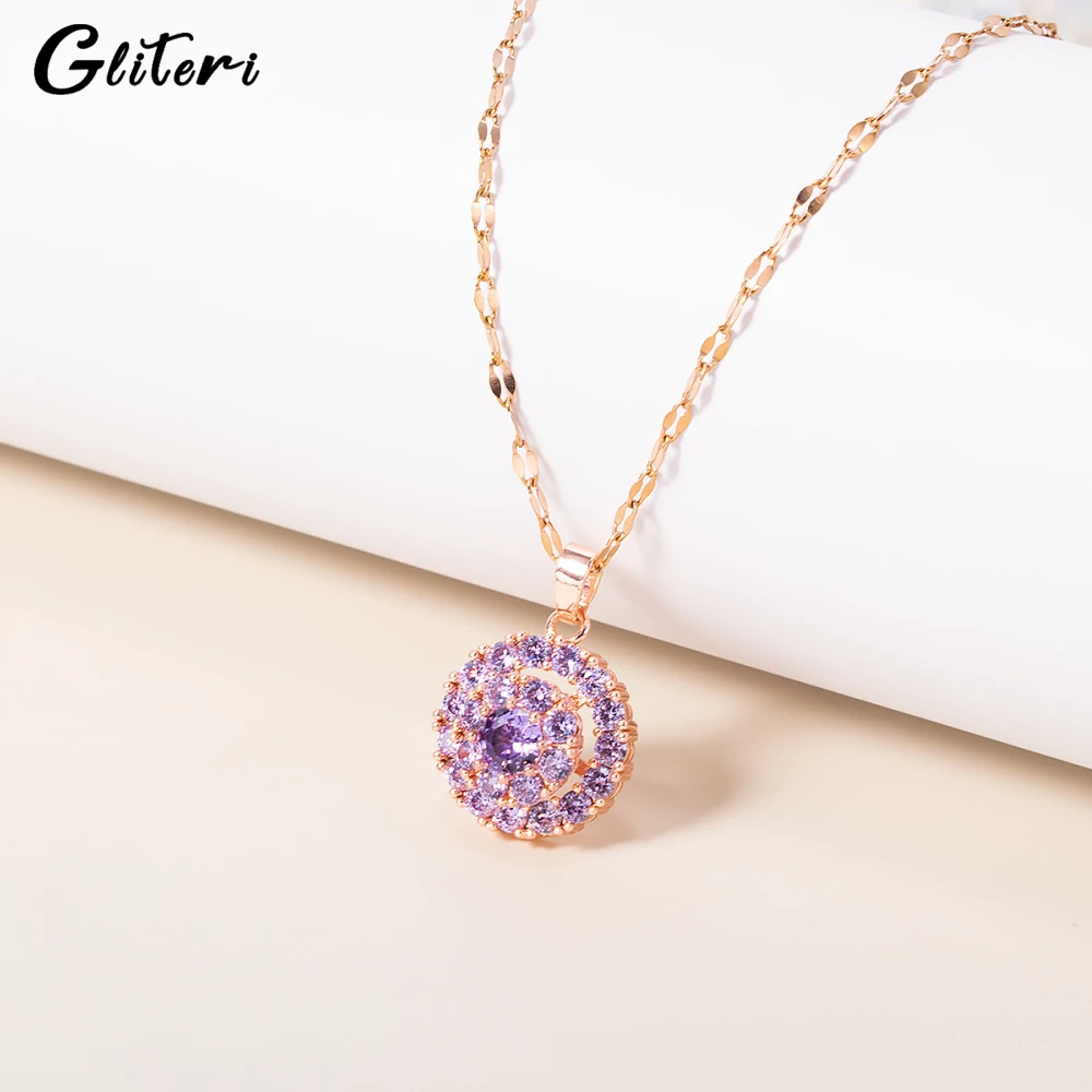 

GEITERI 2023 Fashion Purple Crystal Pendant Necklaces For Women Girls Gold Color Titanium Steel Rotatable Zircon Choker Jewelry