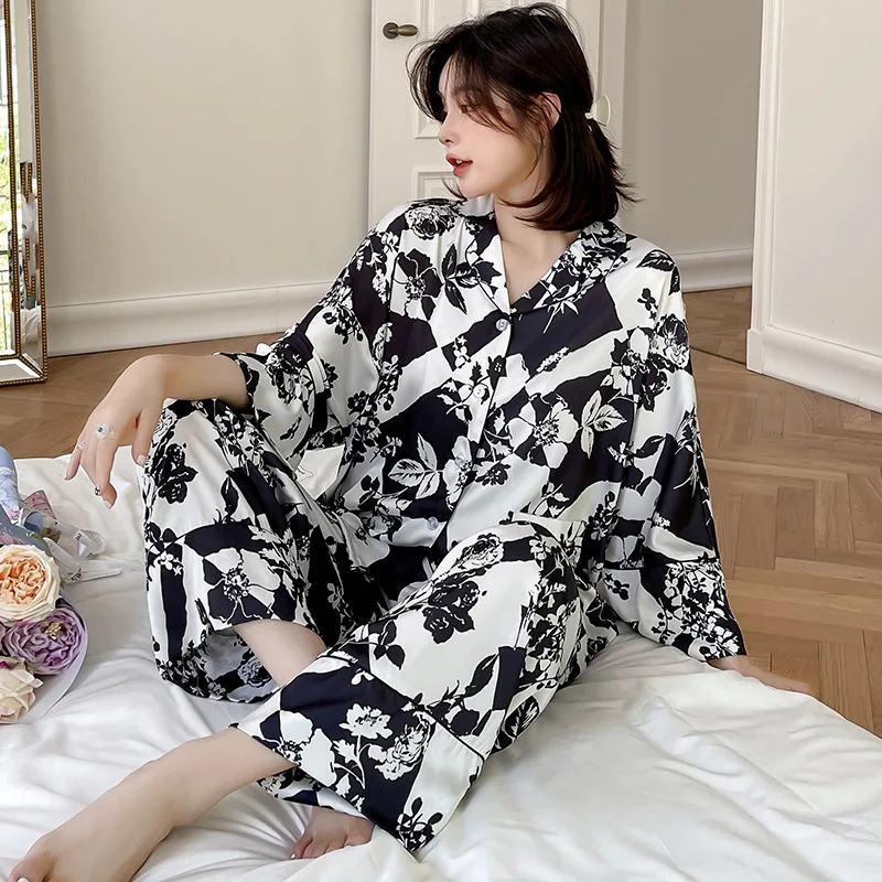 2023 Spring Ice Silk Pajamas Women's Long-Sleeved Suit Palace Style Summer Thin plus Size Homewear