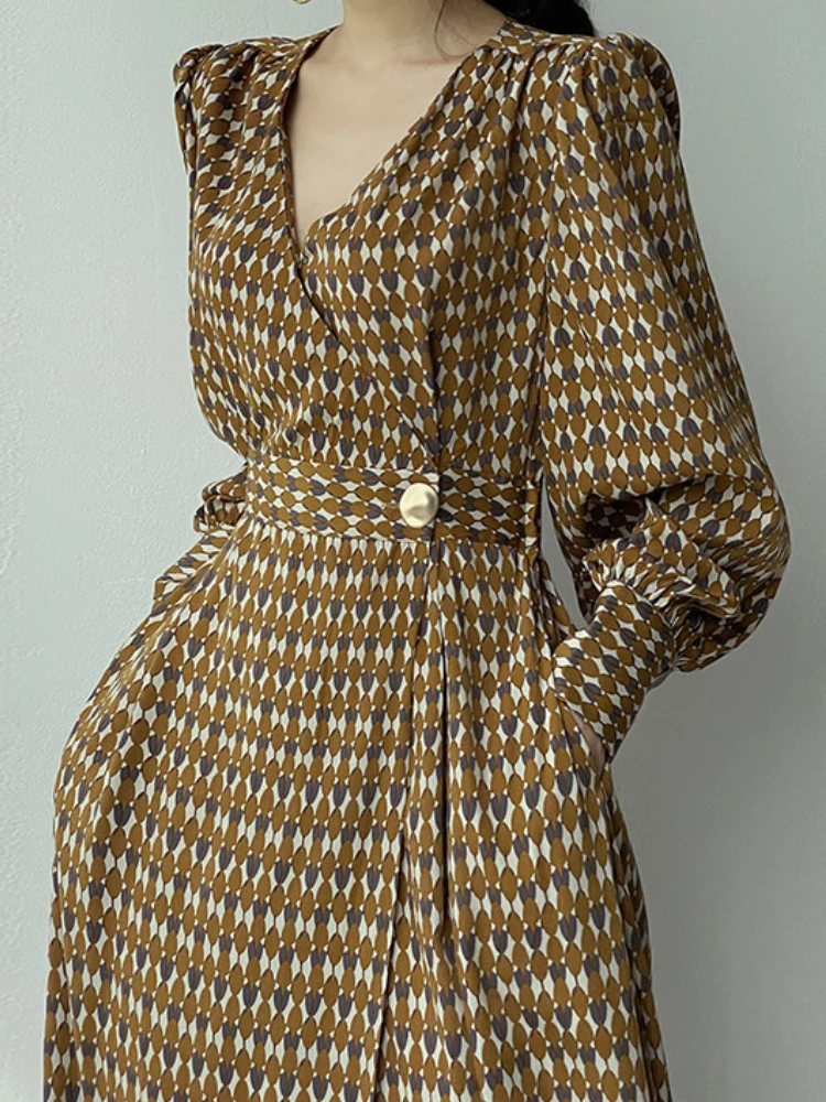 

Женское Повседневное платье миди с цветочным принтом, элегантное платье с длинным рукавом и V-образным вырезом, верхняя одежда для весны и о...