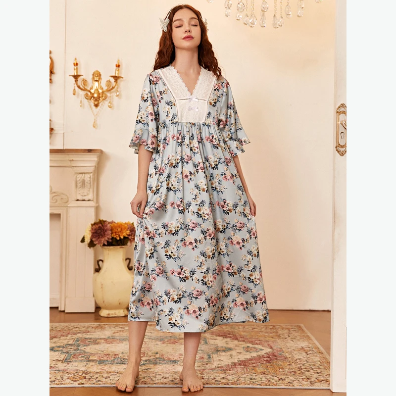 MAYMOLI Fashion Woman Floral Dress Lace V Necknight Dress Women Home Wear Luxury Sleepwear Temperament Nightwears for Ladies