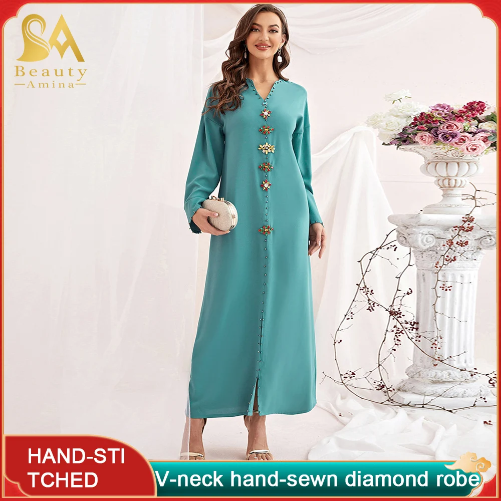 Abaya Robe Muslim Long Dress V-neck Hand-Stitched Diamond Robe Temperament Dress Fashion Women's National Dress Arab Women Robe