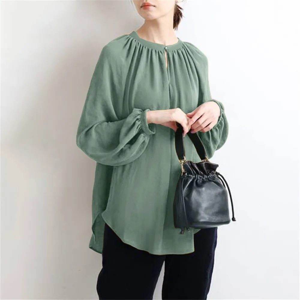 

Women's Blouse V-neck Loose Solid Color Long-sleeved All-match Blouse Japan Literary New Style Commuting Spring Autumn Lady Tops