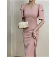 summer office elegant lady pink dress women square neck short sleeve midi dress female robe korean clothing bodycon vestidos