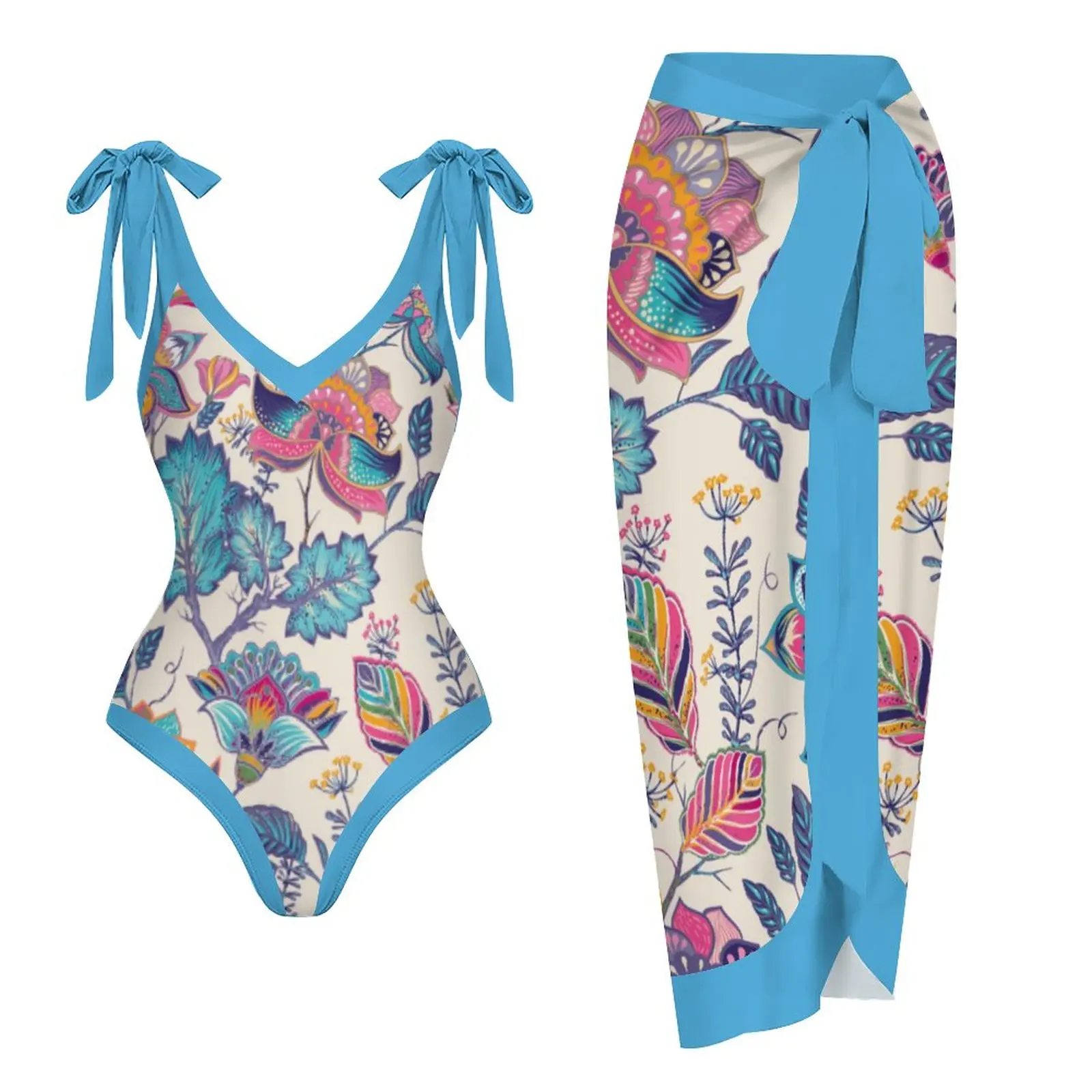 

Fashion Women Floral One Piece Swimsuits Reversible Tie Shoulder Monokini Tummy Control Bathing Suits V Neck Swimwear