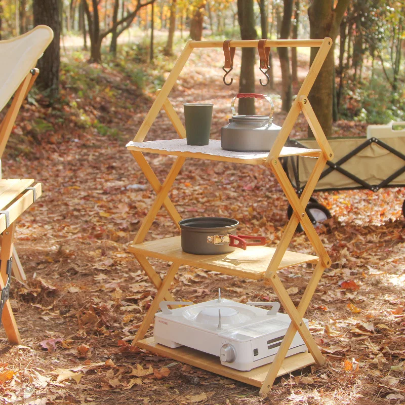 

Outdoor Rack Camping Portable shelf Installation-free Bamboo Wood Storage Rack Multifunctional Folding Table