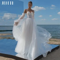 jhheth spaghetti straps sweetheart tulle beach wedding dresses for women floral lace detachable sleeves boho bridal gowns 2022