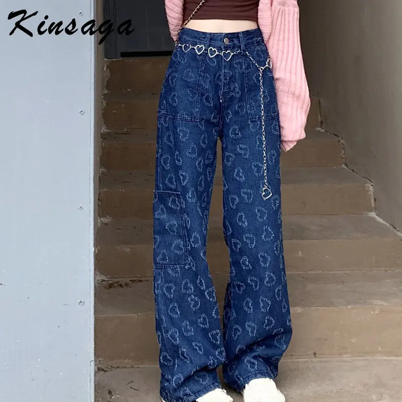 

Hot Girl Heart Pattern Baggy Jeans Vintage Pockets Patchwork Cargo Denim Pants Y2k Wide Leg Trousers Casual Blue Straight Jean