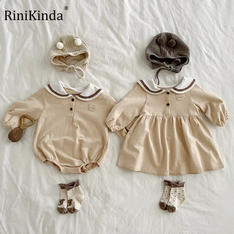 

RiniKinda Newborn Baby Girls Cartoon Lapel Jumpsuit Autumn Winter Toddler Baby Girl Cotton Long Sleeve Princess Sisters Dress