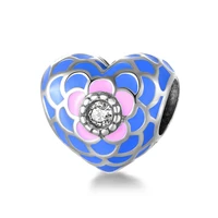 925 sterling silver shiny diamond flower charm blue enamel heart silver bead diy bracelet or bangle jewelry make beads