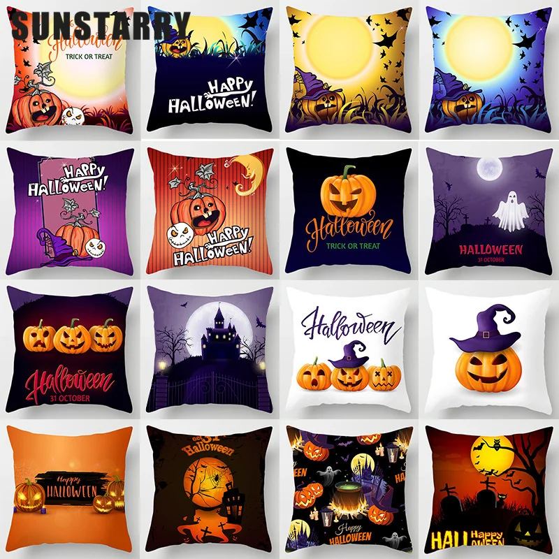 

Home Decor Happy Halloween Pumpkin Cushion Cover Printed Witch Hat Pillowcase Spooky Castle Pillowcase 45x45cm funda de almohada