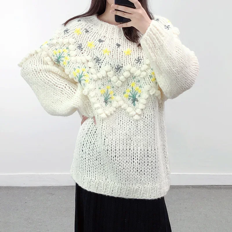 Весенне-осенний новый пуловер с цветочной вышивкой женский свободный крой