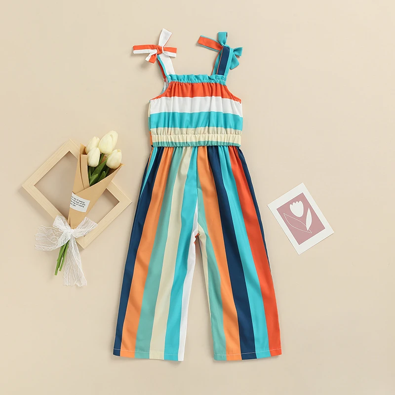 

2-7 Years Kid Girl Sleeveless Long Jumpsuit Colorful Stripe Pattern Pleated Elastic Waist Fit Romper Casual Simple Bodysuit