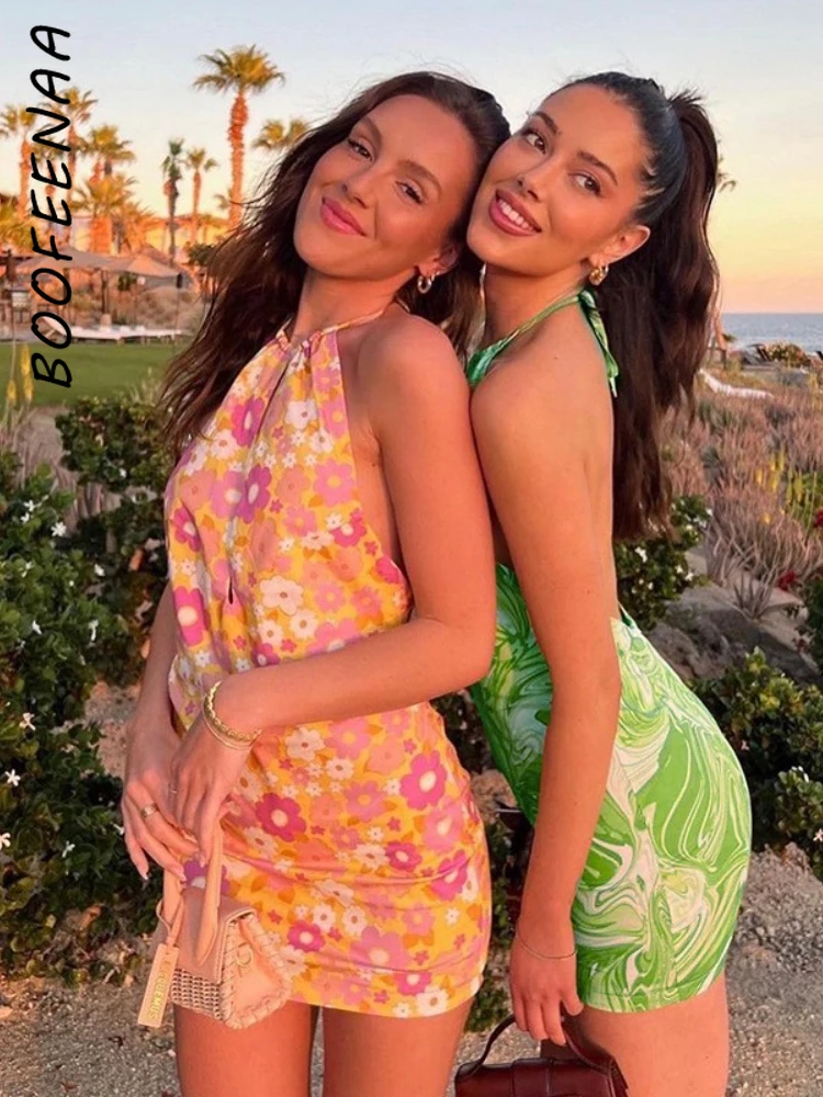 

BOOFEENAA Cute Sexy Floral Summer Dress Women 2022 Beach Wear Vacation Outfits Cut Out Backless Halter Mini Dresses C66-BC16