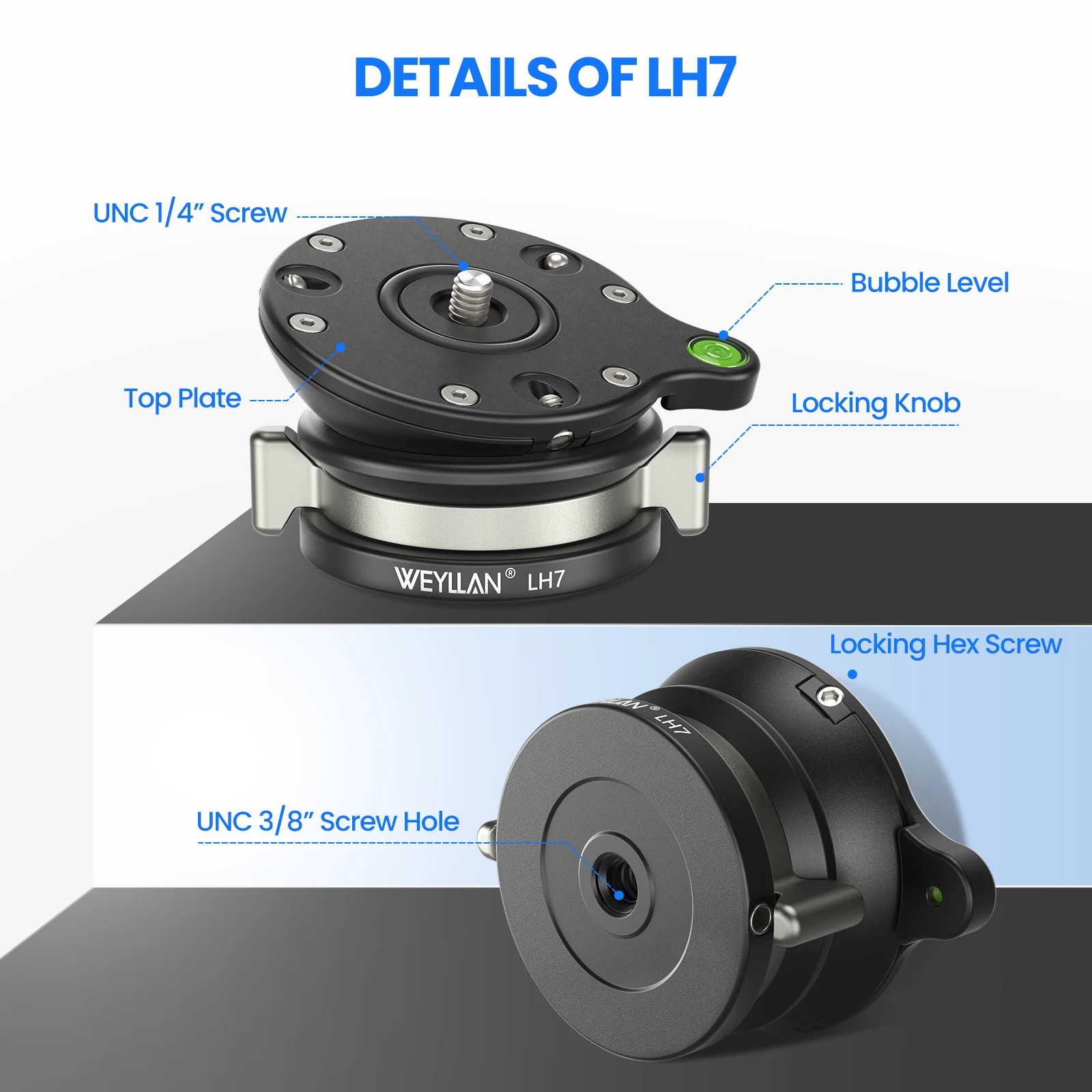 Фото Уровнемерная головка WEYLLAN LH5/LH6/LH7 для штатива, из алюминиевого сплава, нагрузка 10/15/20 кг, 14-ти креплений ° /15 °   Поворот на 360° °   Переходной винт для панели №3