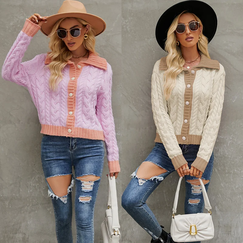 

2023 autumn/winter new casual loose fashion top, Fashion Short Polo Knitted Cardigan Single breasted Sweater Coat Women