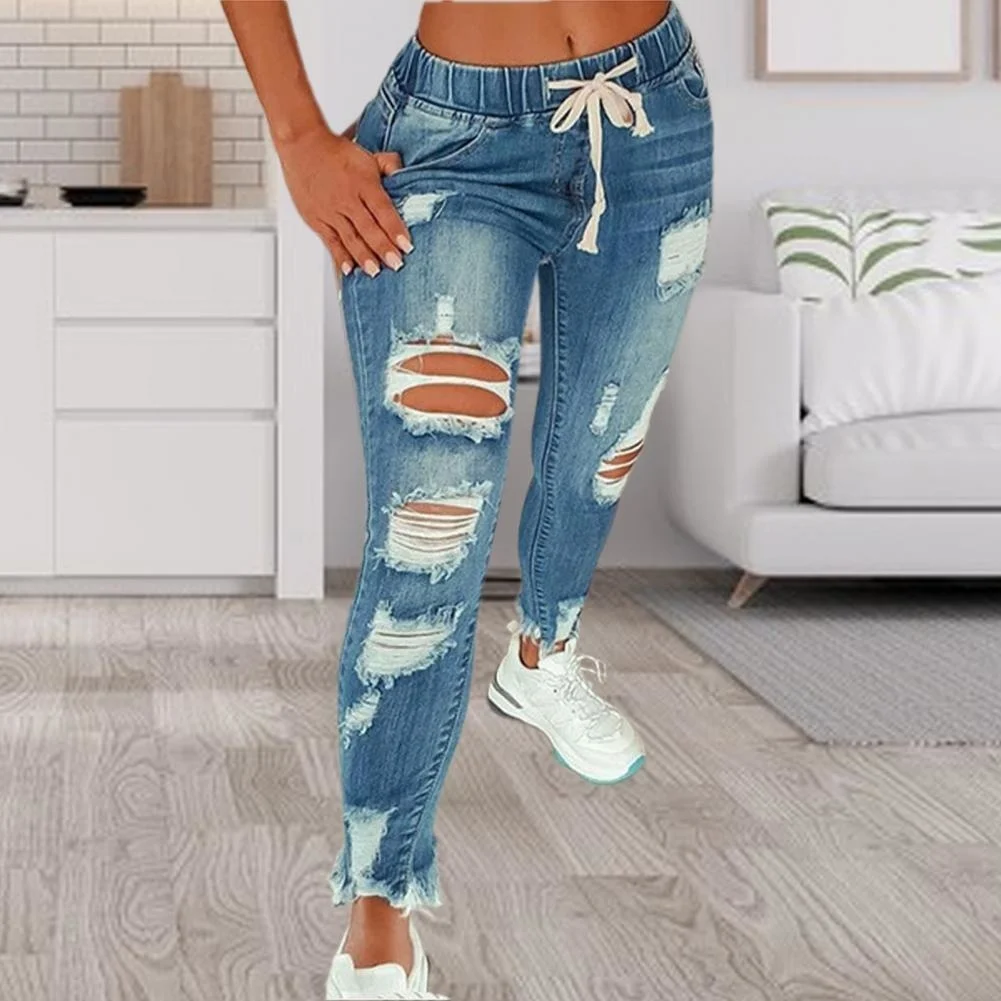 

Популярные джинсы, женские узкие рваные джинсы с эффектом потертости, коллекция 2023 года, женские узкие Джеггинсы с высокой талией, брюки-карандаш y2k