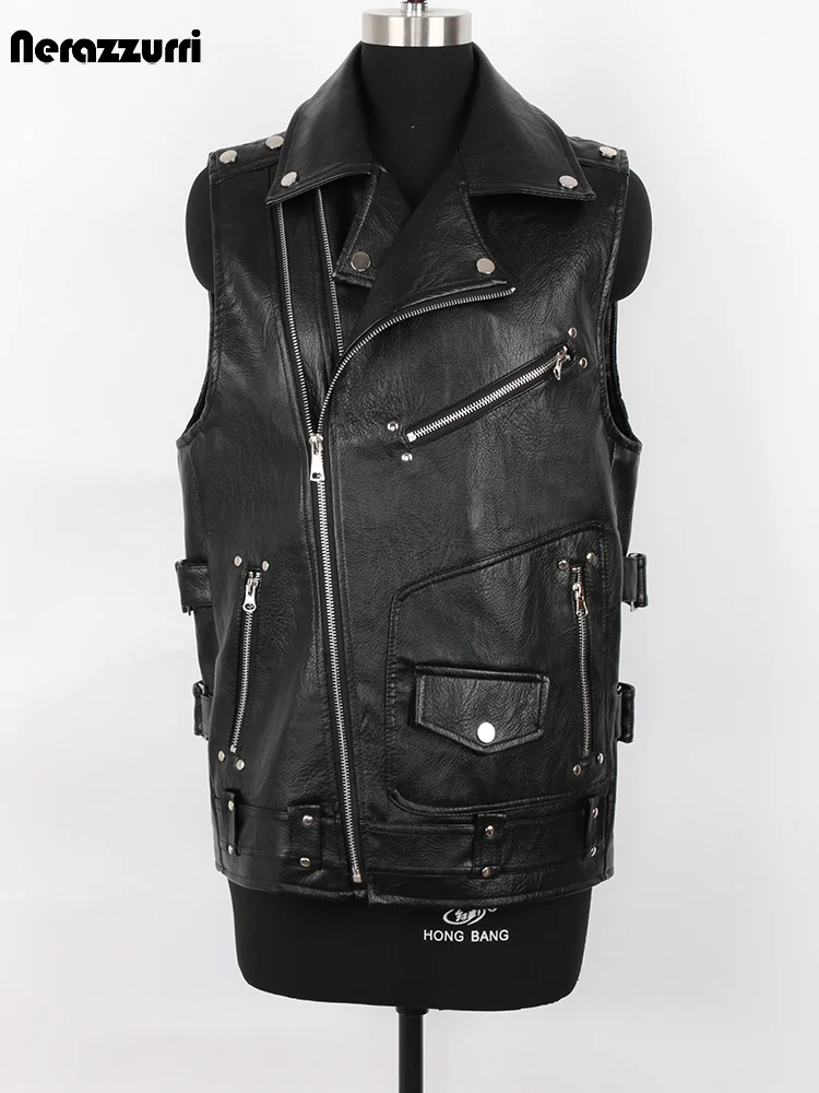 

Mauroicardi Autumn Black Motorcycle Pu Leather Vest Men Zipper Pockets Plus Size Faux Leather Biker Sleeveless Jacket 4xl 5xl