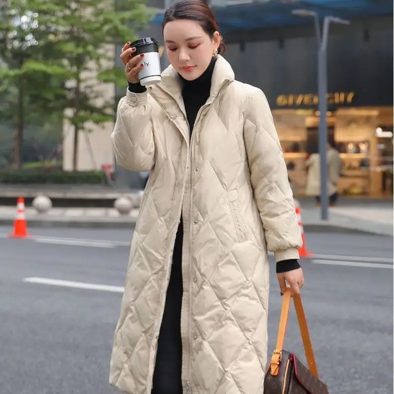 Women Long Sleeve Loose Jacket Winter White Duck Down Coat Mandarin Stand Up Collar Warm Fashion Parkas Snow Outwear L79