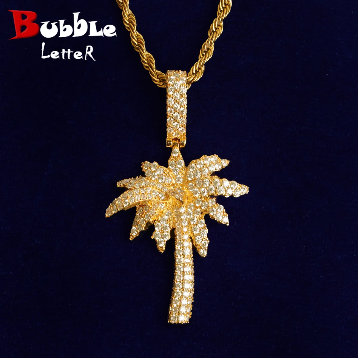 Bubble Letter Palm Tree Necklace for Men Iced Out Pendant Bling Real Gold Plated Hip Hop Fashion Jewelry