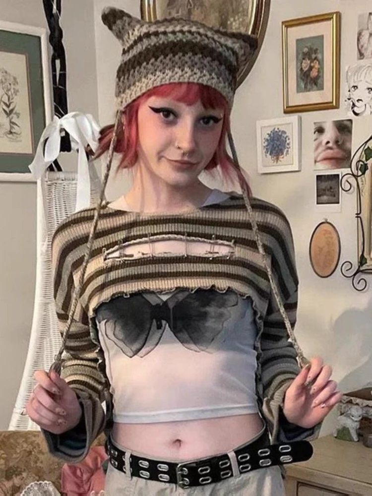 

Укороченный топ с круглым вырезом, жилет с принтом в виде бабочек, сезон весна-осень, винтажная уличная одежда, футболки, полосатый асимметр...