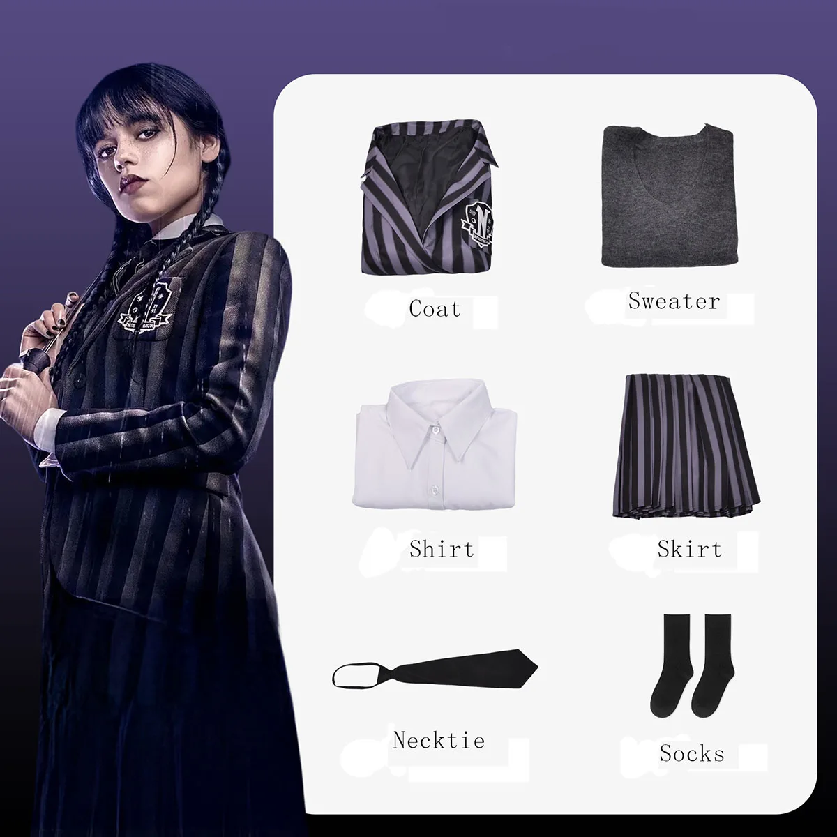 Костюм для косплея среду Аддамс школьная форма с париком и длинными рукавами -