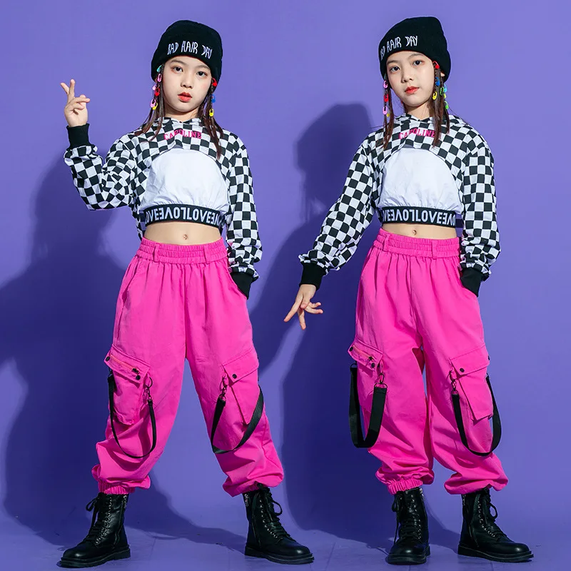

Джоггеры для девочек в стиле хип-хоп клетчатые, розовые брюки-карго, детский укороченный топ, комплект одежды для детей, джазовая уличная одежда, сценические костюмы