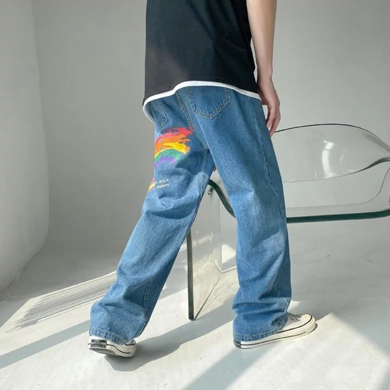 Printed Men's Jeans Fashion Straight Baggy Wide Pants Casual Blue Denim Trousers Streetwear Oversizde Male Bottoms Y2K Clothes