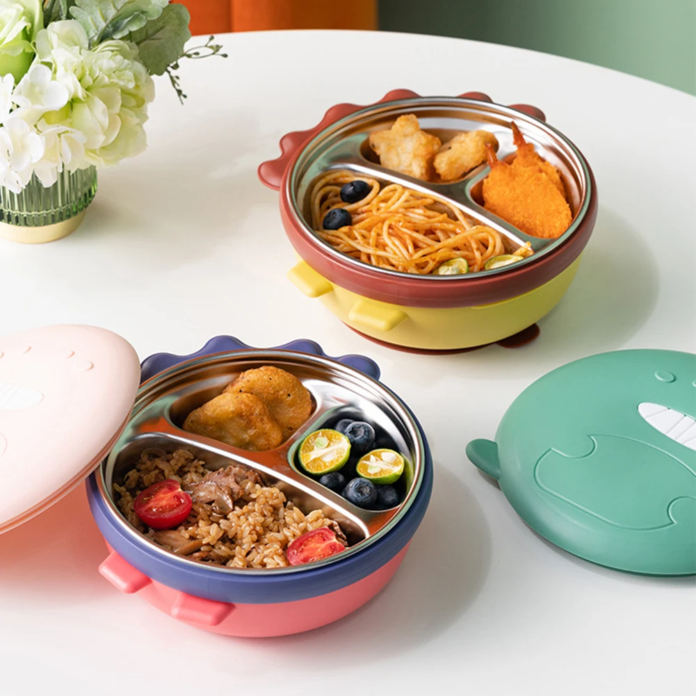 

450ml Stainless Steel Lunch Box Baby Feeding Heated Bowl Kids Dinosaur Divided Plate With Lid Toddlers Self-Feeding Bowl